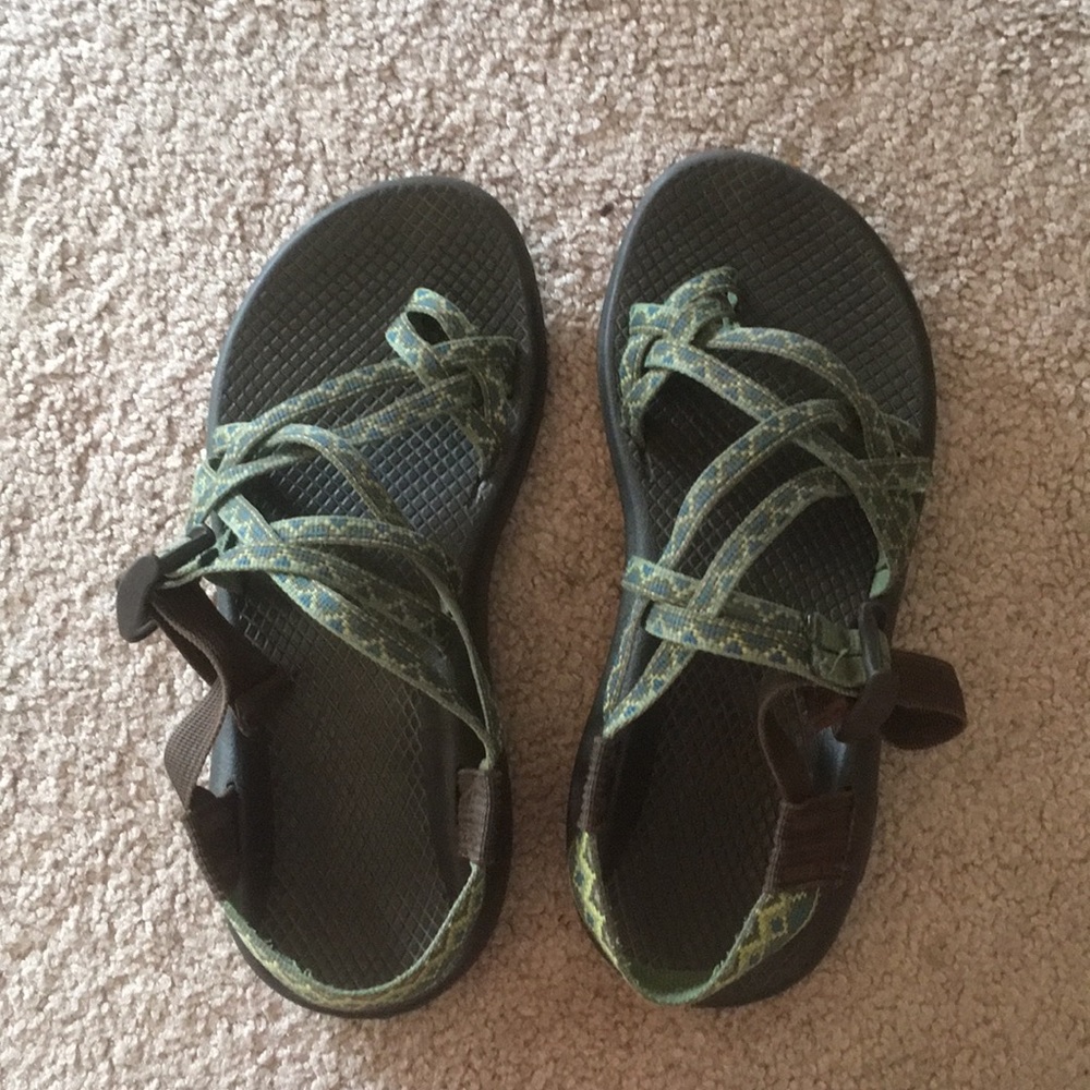 Green and brown colored chacos